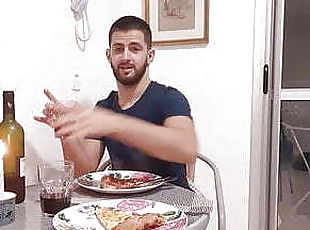 romantic dinner - handsome husband cums on pizza -