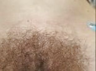 CLOSE-UP BUSH - sexy titty drop in background - a perfect hairy pussy on a PAWG MILF