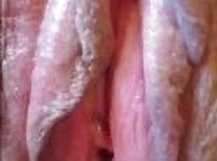 AMATEUR MILF POV - CREAMY PUSSY GETS CUM ON HAIRY BUSH - incredible pink pussy and clit stimulation