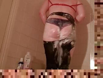 British Sissy Slave Self Humiliation in Shower Red Bra