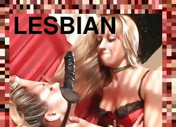 Lesbian sub wears face dildo for her lingerie mistress