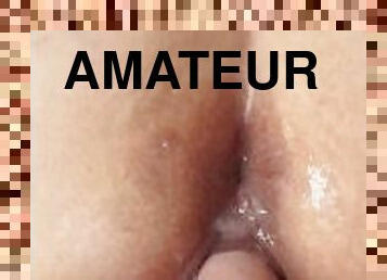 POV amateur MILF masturbating wall mounted dildo