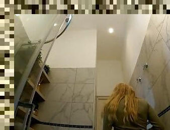 Big Tits Big Ass Hot Blonde Wife Flashes Pussy and Ass in the Bathroom