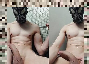 Cumming hands free in the public locker rooms