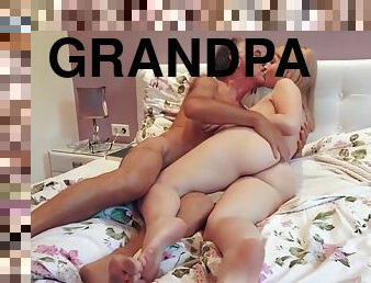 Nympho sucks grandpa cock and has sex with him in her bed