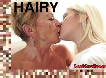 Hairy granny pussylicked by sweet lesbian