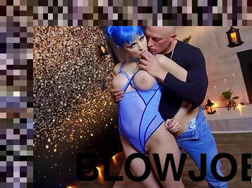 Naughty blue-haired nymph Jewelz has fun with baldhead guy