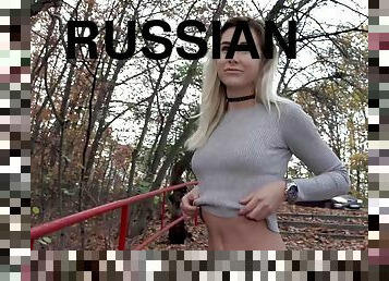 Russian slut with natural tits gives up her pussy for some cash