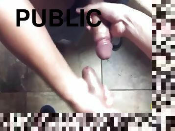 Mutual handjobs in restaurant mens room with cum, uncut cocks