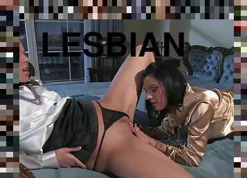 Vivacious brunette lesbians with natural tits in pantyhose licking each others pussy in a wild masturbation