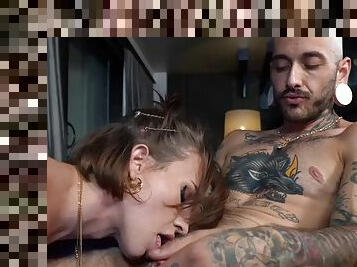 Shemale with tattooed male pussy sucks shemale milf before getting licked
