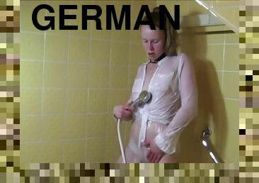 Mute German whore takes a shower, piss and play