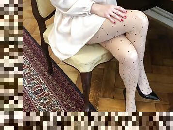 Beautiful milf secretary in silk pantyhose