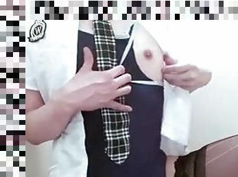 Japanese femboy crossdresser cum hands free with vibrator