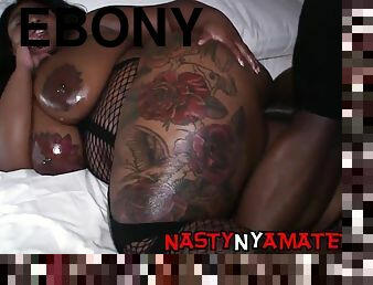Ebony BBW inked whore gagging on big black cock