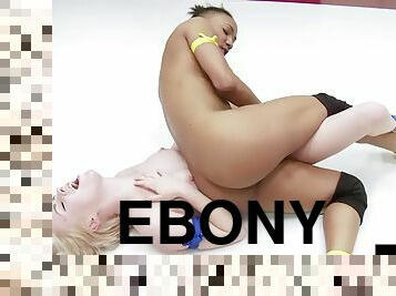 Ebony lesbian wrestler facesitting and riding tattooed babe