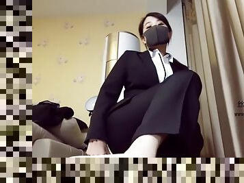 Chinese femdom mistress cock trample in pant suit and black heels