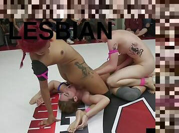 Wild lesbian wrestling with pussies in public place