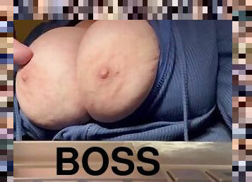 My boss gives performance review all over my huge natural tits in busy office