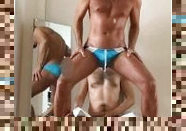 Piss in speedo and collecting the pee with already wet diaper - including jerk off