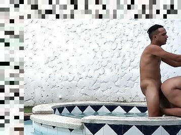 Latin couple gets horny in the pool and ends up fucking outside