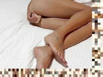 Skinny girl is spreading her legs and FUCKING her HUGE DILDO - SEXY FEET