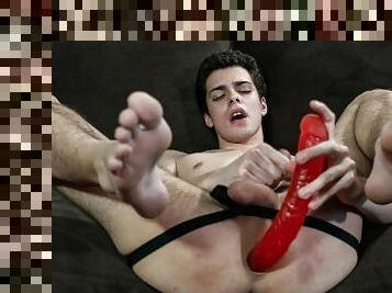 Amateur Twink Jerks Off While Stuffing A Huge Dildo In His Tight Asshole