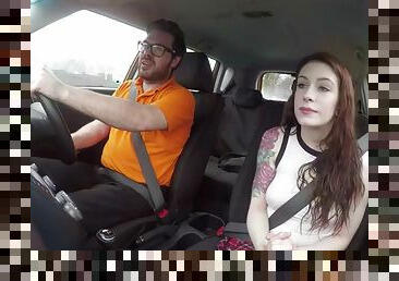Redhead driving student fucks her instructor in the car