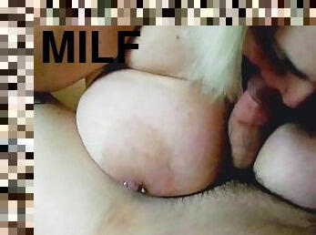 Fat bbw slut sucks cock between her huge tits