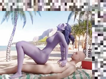 Widow rides cock on the beach