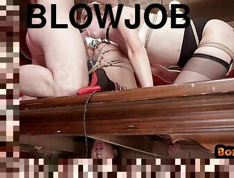 Bound bdsm subs sharing masters cock during sex and blowjobs
