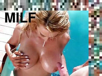 Amazing blonde milf sucking and fucking poolside