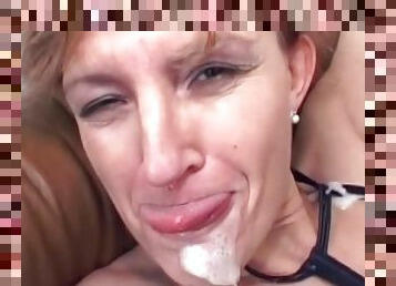 Stunning mom is swallowing sperm in the gangbang