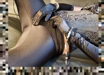Bound and vibrated in boots, high heels and spandex leggings
