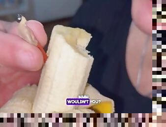 Mia giantess BBW eats a banana with her tiny