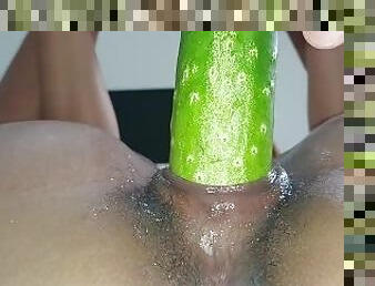 He ran his finger along the edge of my pussy pulsating with a cucumber while I cum several x