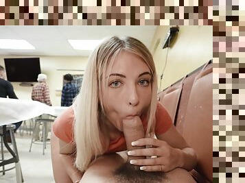 Young blonde gives wet blowjob ahead of riding the cock hard