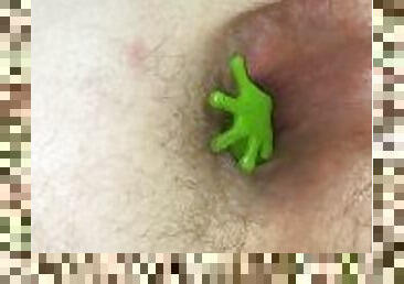 Stuffing green into my hairy hole before a shower