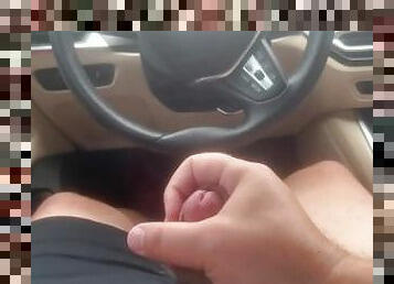 Rubbing hard cock in public in BMW car