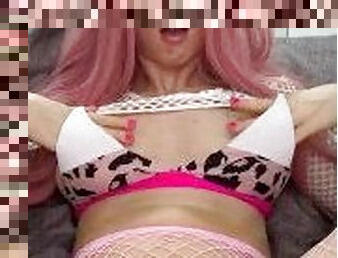 Beautiful young cosplay girl moans masturbating her perfect pink pussy