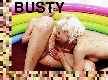 Jello wrestling and passionate fingering with two busty playful blondes