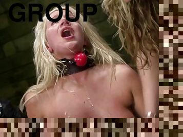 Blond degenarte submissivae slut get rough fucked and hard dominated by lesbo group in dungeon.