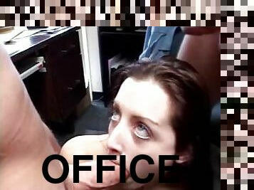 Two lucky guys face fuck a young thin brunette in director's office