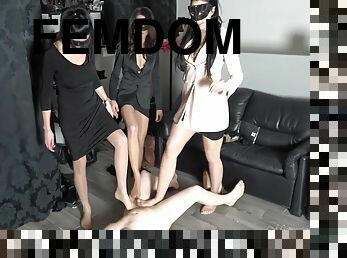 Mistress Gaia And Her Friends Ballbusted And Worship With Feet Slave
