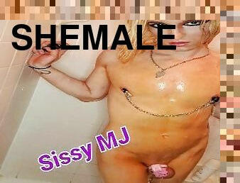 SIssy MJ Plays with Her Favorite Dildo in the Shower While Locked in Chastity