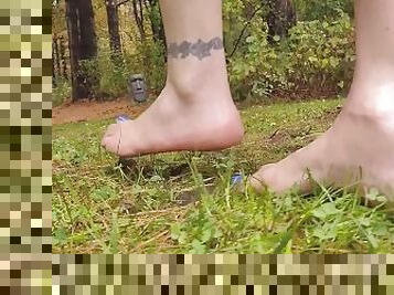 Living a FOOT FETISH FANTASY w Mistress Thursday walking BAREFOOT OUTDOORS in rain through Wet Grass