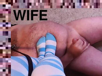 Wife Walks Stomps Trampling Humiliated Husband In High Socks While He Foot Worships Her