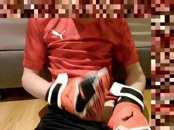 Blond boy jerk off in soccer gear and come on the soccer gear from his boyfriend