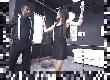 Chained bitch plays by the rules in dirty interracial BDSM