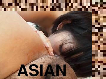 Brunette Asian girl makes a dude cum by using nothing but her mouth